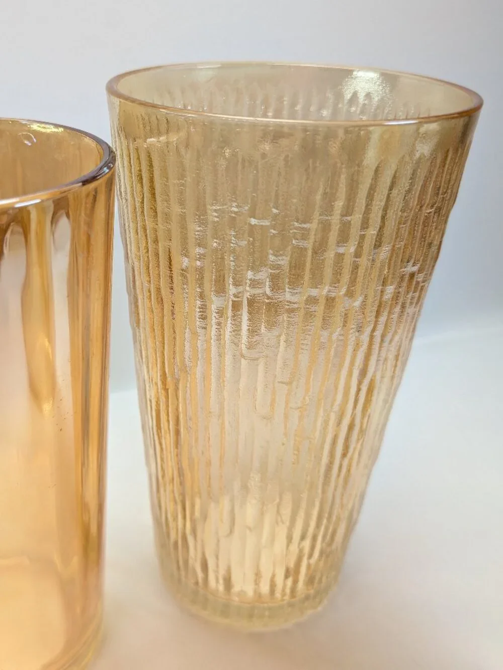 Vintage MCM Tan Marigold Iridescent Glass Tumbler Trio - 3 Pc Mixed Texture Set